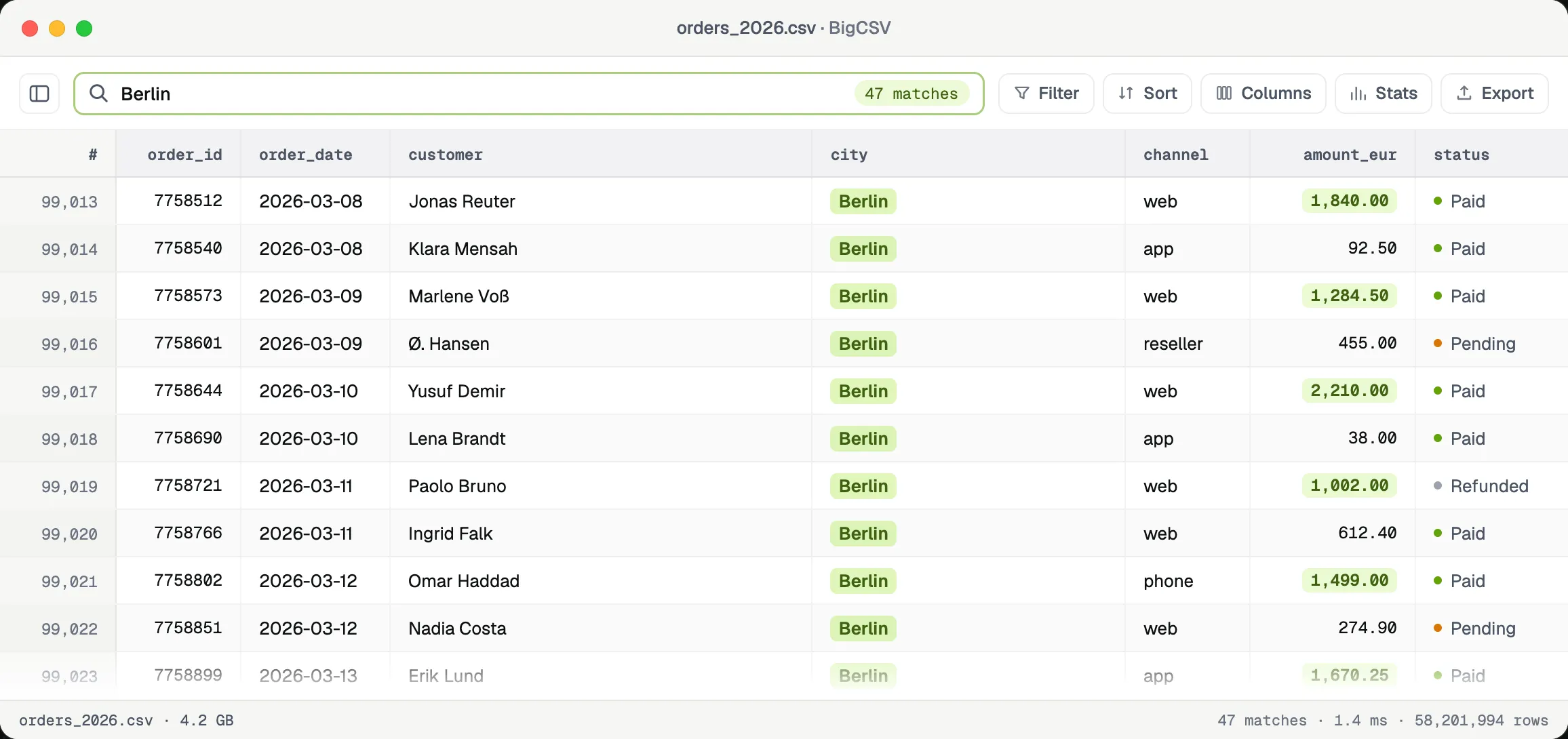 Full-text search across every row, in milliseconds.