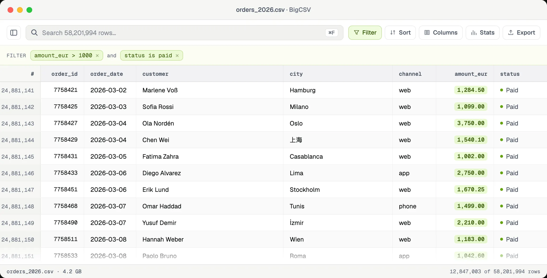 Filter millions of rows with live expressions.